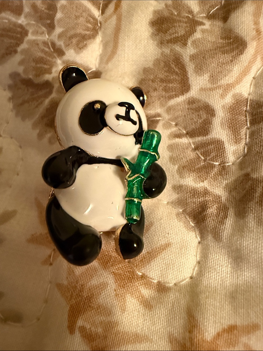 Enamel Panda Brooch with Green Bamboo Accent